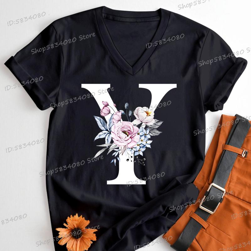 Letter B Floral T Shirts Women English Alphabet Birthday Gift Women 26 Initials Flower Classic Tops Tees Alphabet Floral Tshirt