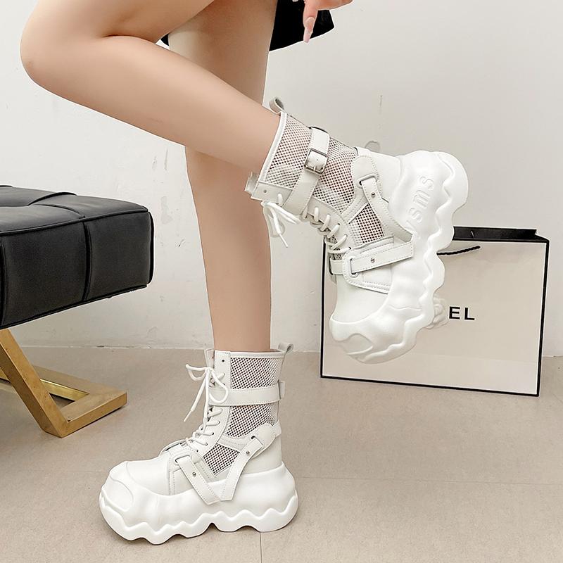 Fashion Summer Women Thick Soled Mid-Calf Boots Outdoors Lady Casual Hollow Cool Shoes Female Breathable Mesh Boots White Botas Mujer