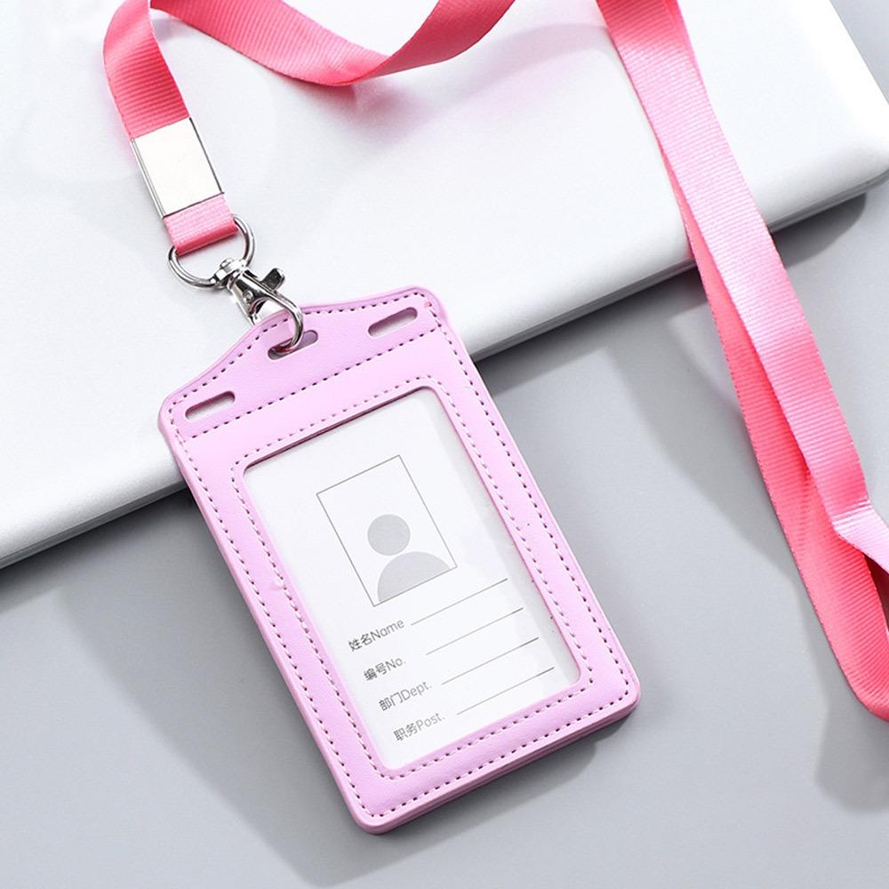 

High Quality PU Leather Work Card Holder With Neck Lanyard Solid Color ID Card Cover Chest Cards Cases Business рожевий