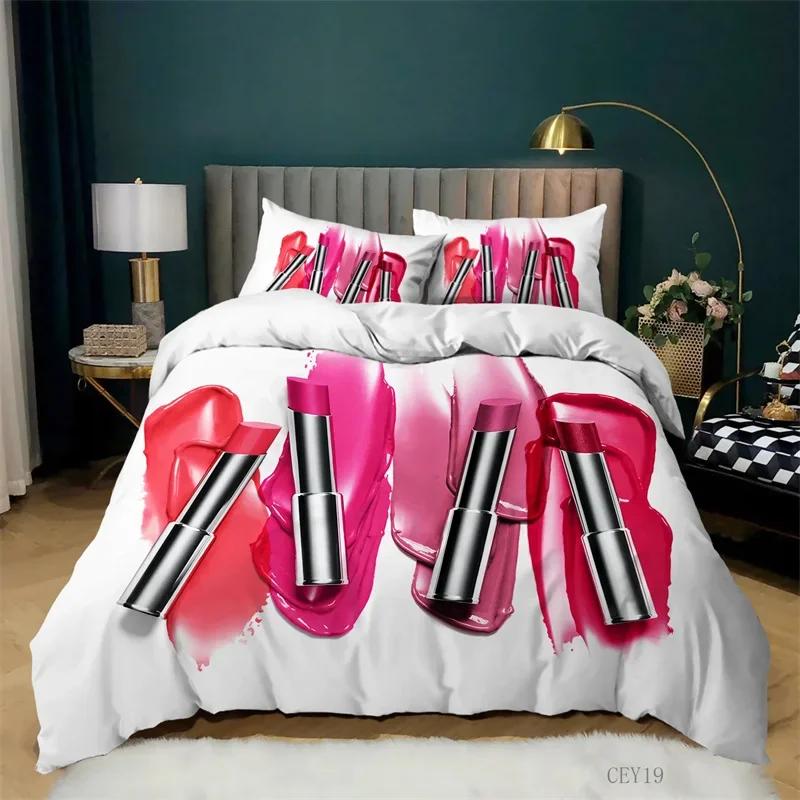 Fashion Bedding Set Makeup Cosmetic Theme Duvet Cover Polyester Perfume Lipstick Nail Polish Brush Print Quilt Cover King Size