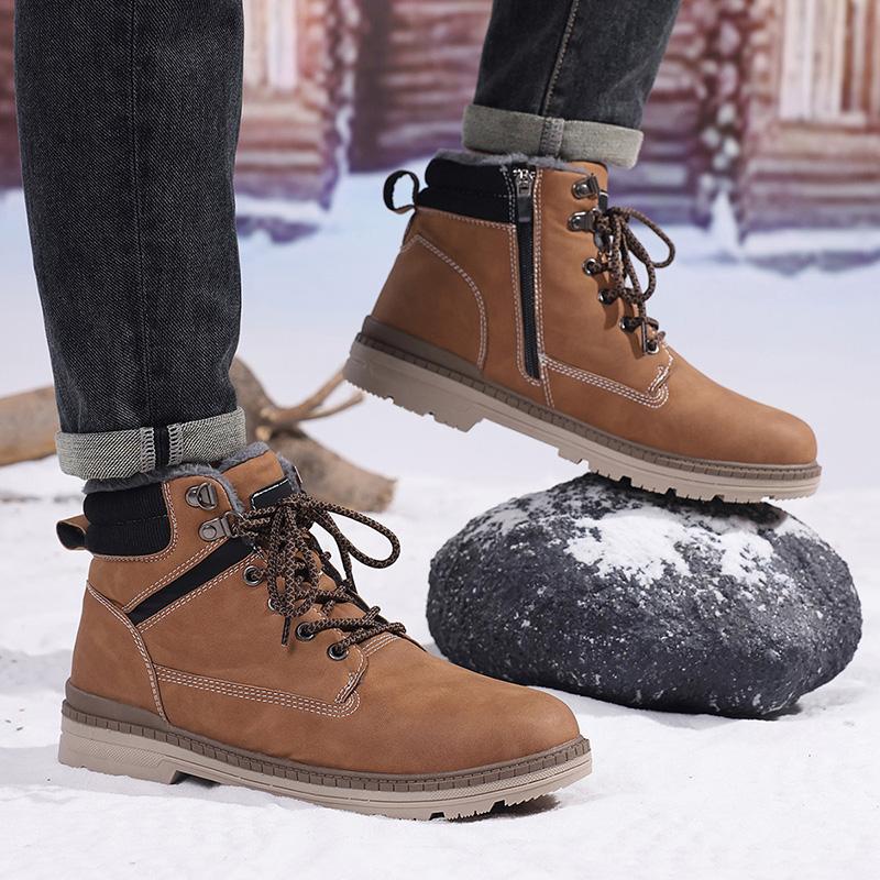 TUINANLE Men Winter Boots Warm Plush High-top Velcro Non-slip Chunky Heel Snow Outdoor Shoes