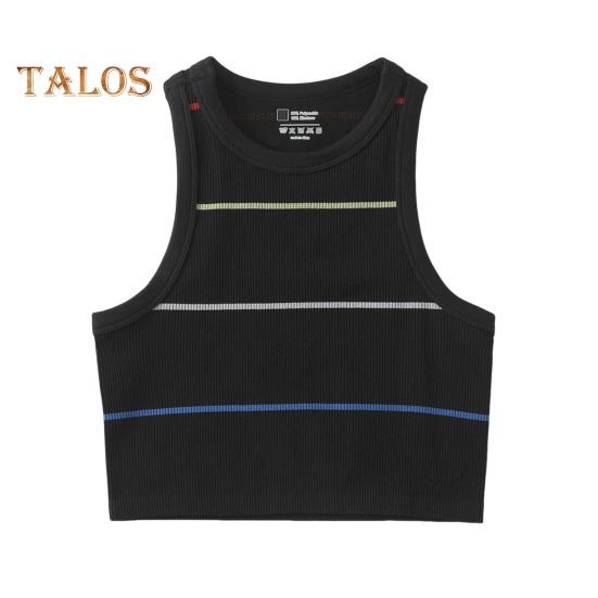 Damski prążkowany top na ramiączkach bez rękawów z okrągłym dekoltem, dopasowany, letni krótki top do noszenia na co dzień, na plażę, do sportu