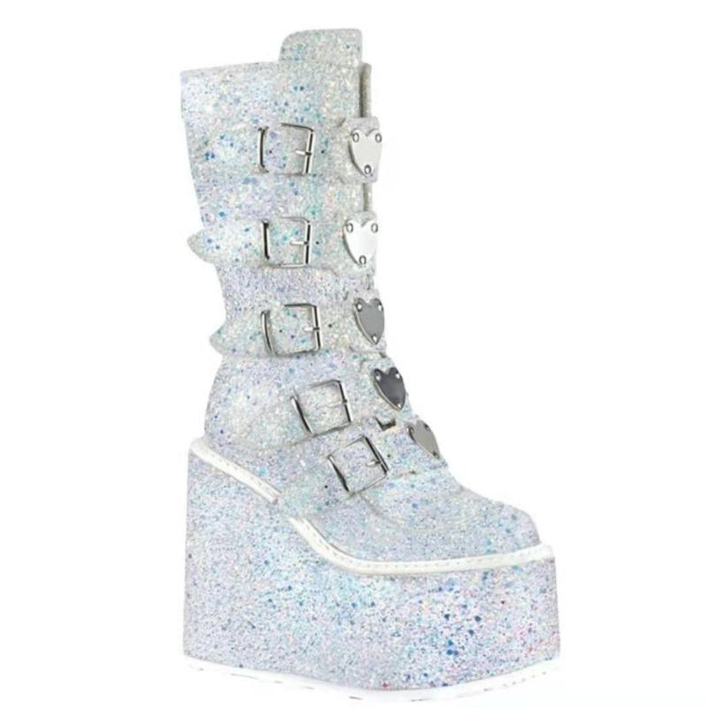 Punk Cosplay Women Sequin Boots Ladies High Boots Comfort Long Tube Boots Pink Platform High Wedges Women Shoes Gothic Boots