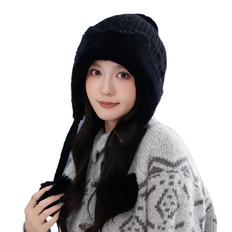 Autumn and winter hats, women's hairball knitted hats, fleece ear protectors, warm wool hats, fashionable and versatile bald hats