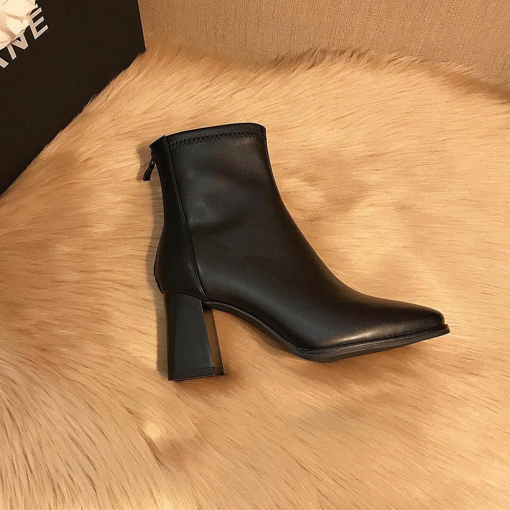 Versatile Short Boots! Skinny Boots Thick Heel Women's Autumn and Winter Velvet Square Head High Heel Cowhide Bare Boots 7cm Small Man Looks Tall