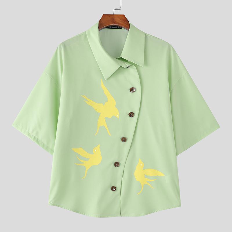 INCERUN Oversized Men Lapel Neck Short Sleeve Side Buttons Up Print Casual Loose Shirts