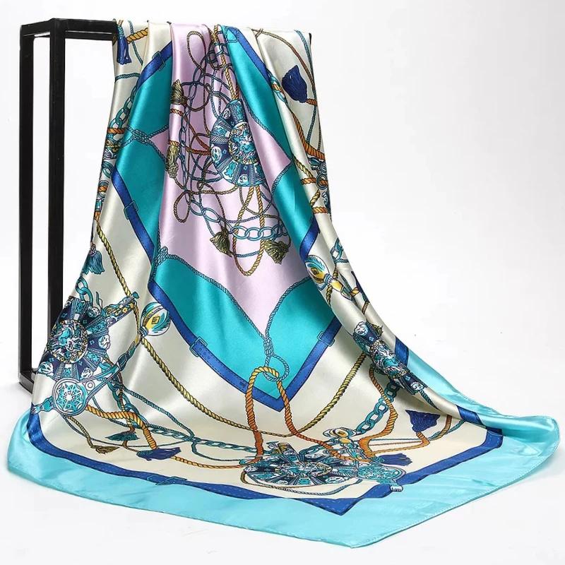90*90cm Satin Scarf for Women Cashew Flower Print Chain Scarf Spring and Summer New Style Shawl Scarf for Women 2024 New Style