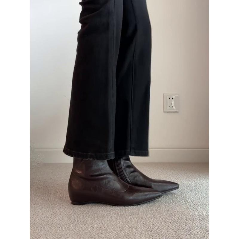 Sheepskin Version~ Pointed Simple Inner Height Increase Short Boots Retro Thin Boots Femininity Side Zipper Thin Elastic Boots