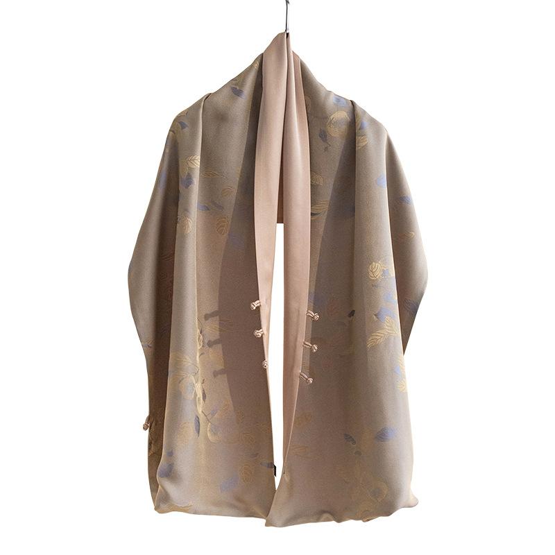 New Chinese Style Double Layer Silk Scarf Cheongsam with Shawl and Buckle Mulberry Silk Scarf for Mother