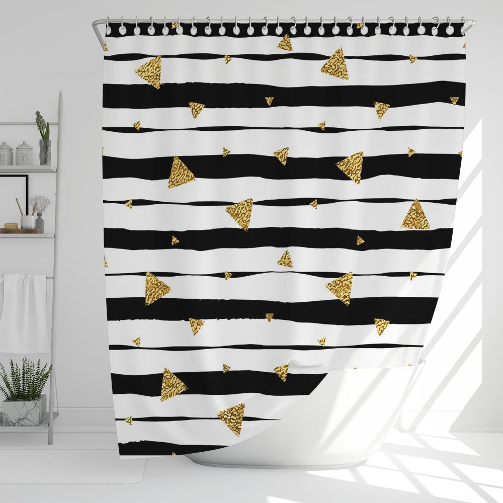 Modern Black And White Gold Star Pattern Print Shower Curtain With Hooks For Waterproof Durable Bathtub Curtains Bathroom Decor