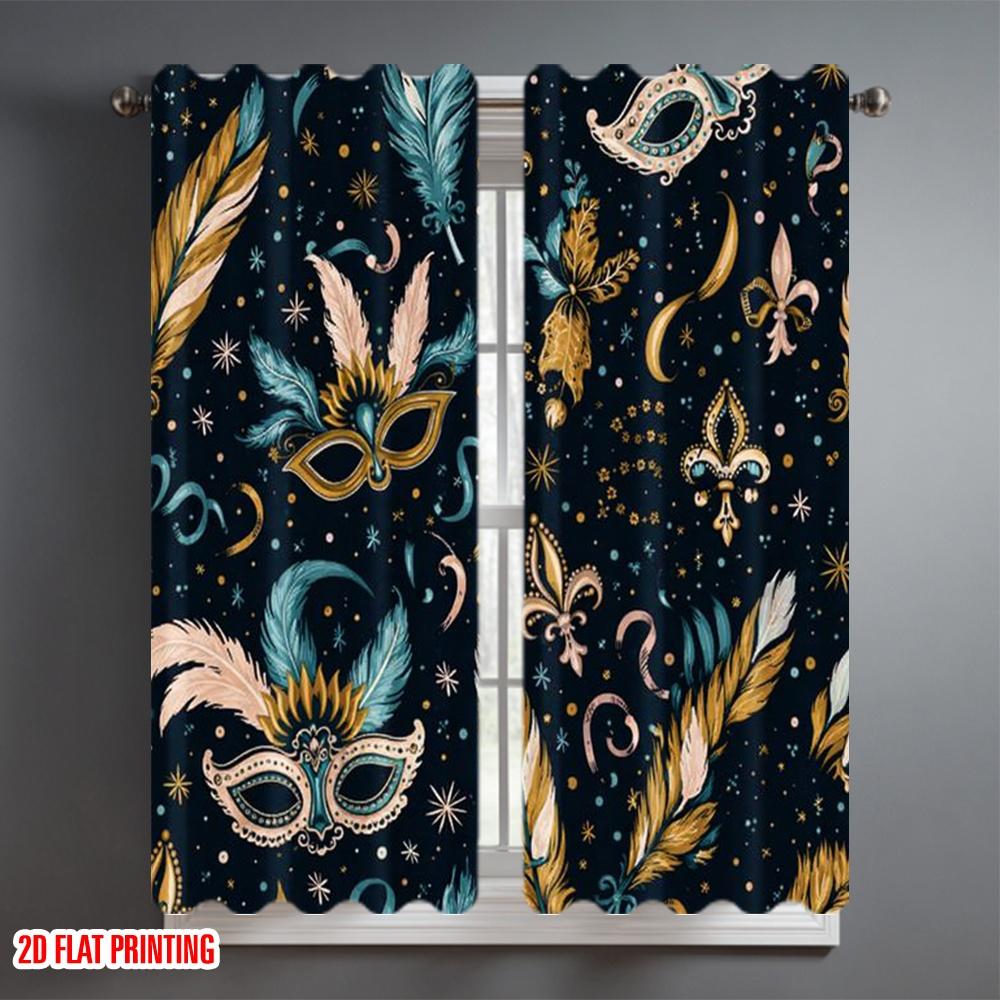 2D Flat Printing 2pcs Curtain Window Drapes Mardi Gras Festive Mask Digital Printed Polyester Drapes Seasonal Party & Holiday