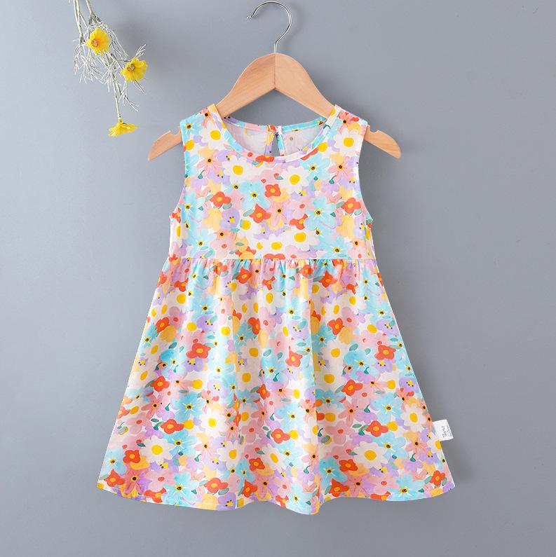 Girls' Floral Summer Princess Beach Dress, Cotton Silk Tank, A-line Skirt
