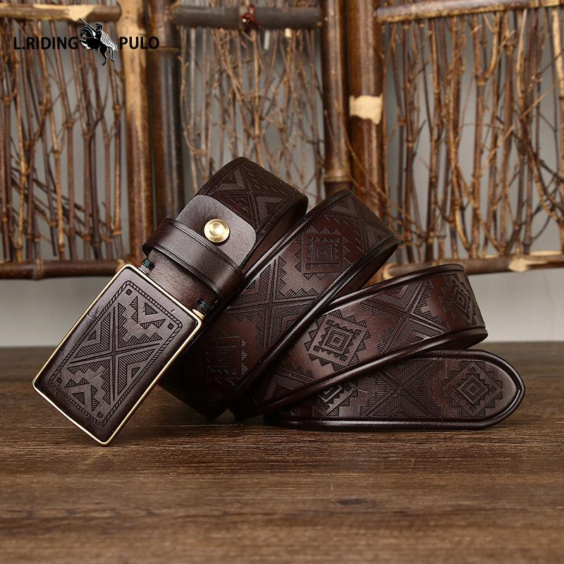 Curea cu cataramă cu placă cu model gravat cu laser vintage lucrată manual, piele naturală de vacă pură, cataramă netedă, curea pentru bărbați