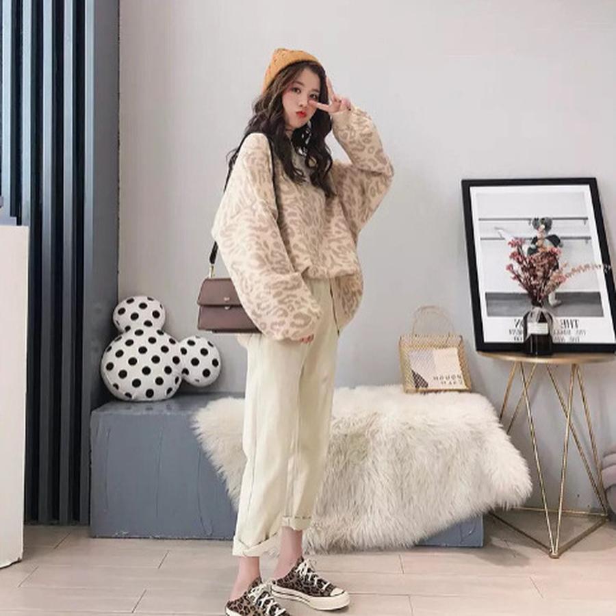 Herbst Neues Leopardenmuster Strickpullover Damen Rundhalsausschnitt Koreanischer Lockerer Fauler Stil Internet-Berühmtheit Frisches Strickoberteil