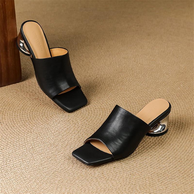 Fashion New Summer Slippers Genuine Leather Slippers for Women Fashion Square Toe Ladies Shoes Med Heels Open Toe Slippers Sandals