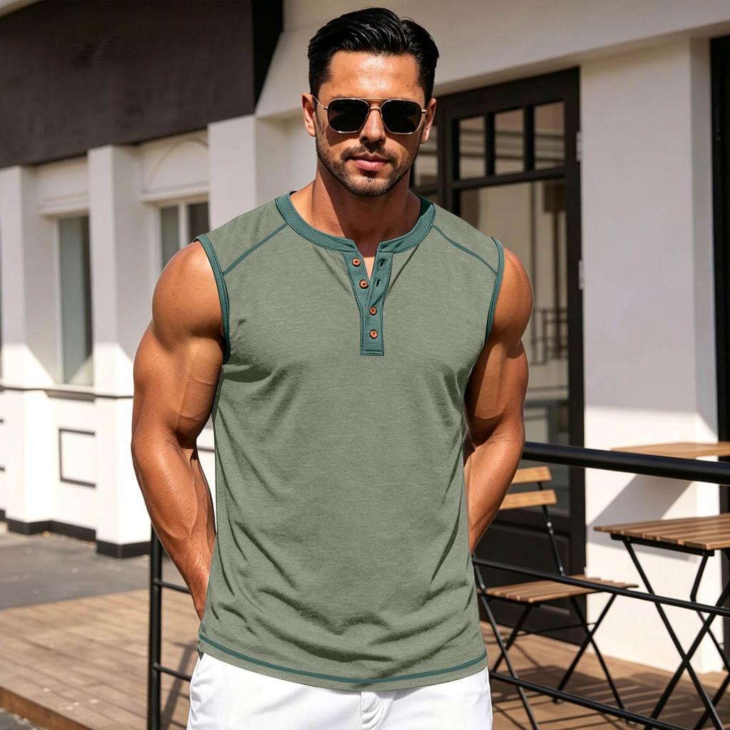 Men Sleeveless Henley Shirt Casual Athletic Tank Top Button Front Muscle Fit Summer Workout Shirt for Outdoor Sports