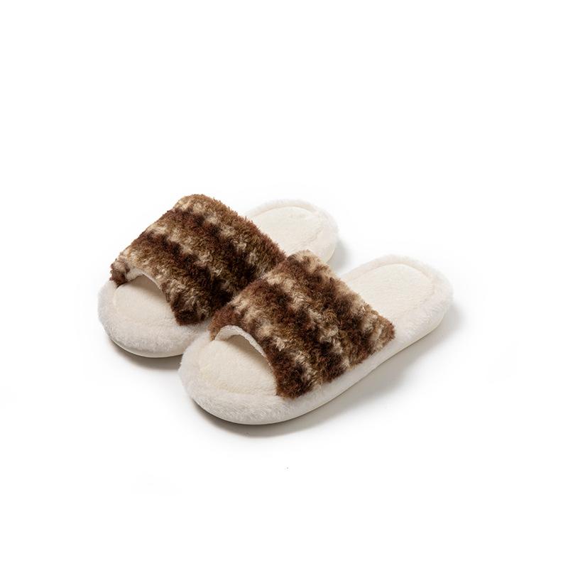 Contrast color striped open cotton slippers ins fluffy slippers comfortable design home plush mop