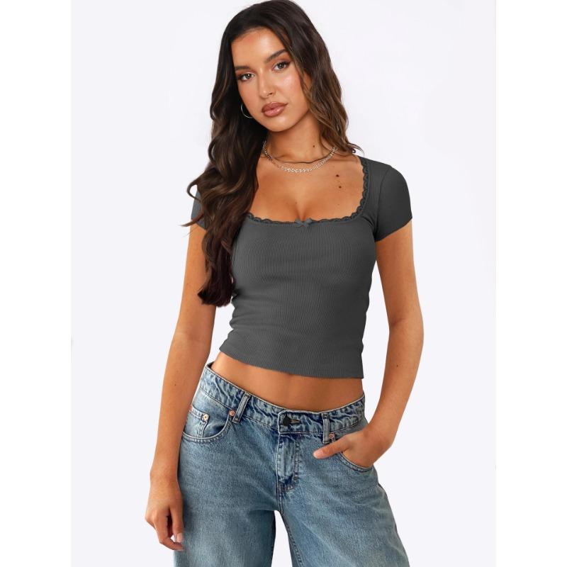 

1 шт. летние женские топы с квадратным вырезом и короткими рукавами в рубчик, тонкий повседневный базовый милый топ Y2K L серый