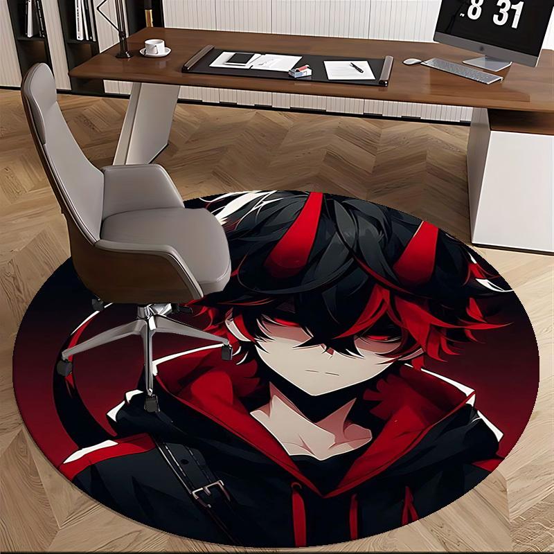 1pc Anime Design Round Carpet - Red and Black Devil Theme Chair Mat for Office, Home Decor, Living Room