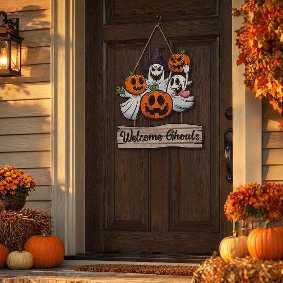 Frohes Halloween Türschild für Haustür, Hängendes Holzschild mit Geist und Kürbis, Gruseliger Willkommenskranz für Baum, Tür, Wand, Partyzubehör