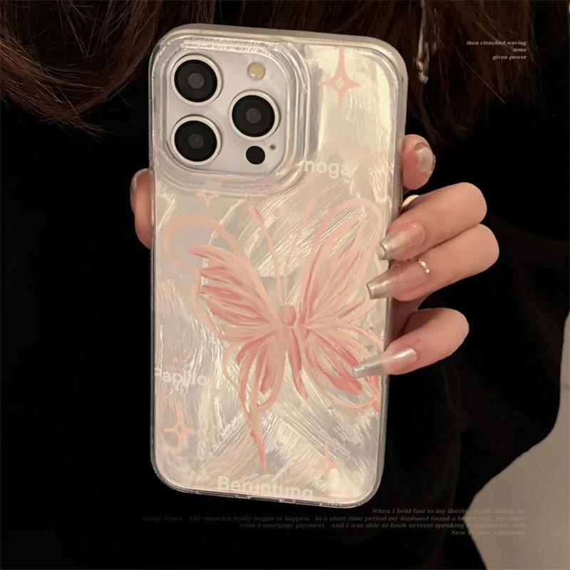 Pink Butterfly Laser Phone Case For Apple IPhone 15 11 13 14 12 Pro Max 16 Plus SE2 3 X XR XS Max 8 7 Plus Lens Protection Cover