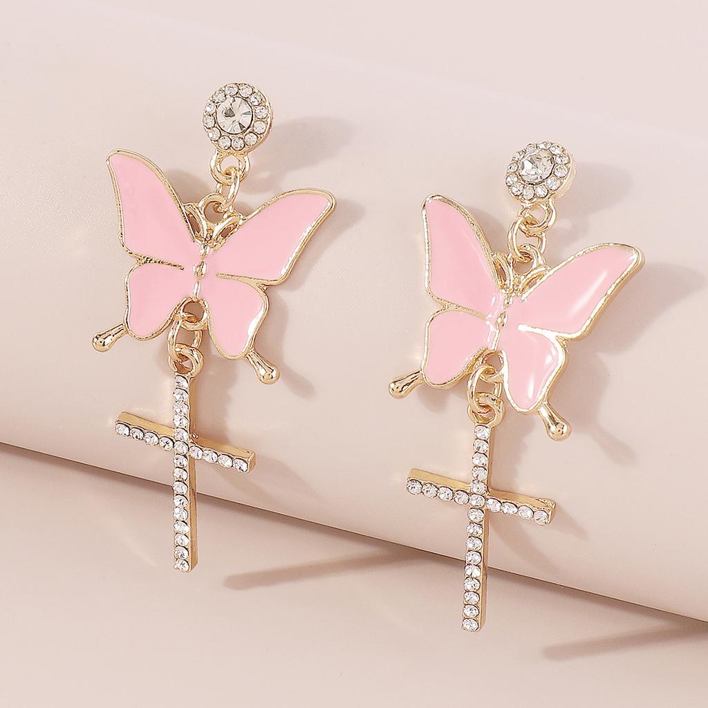 Sparkling Butterfly Drop Earrings with Tassels and Rhinestones