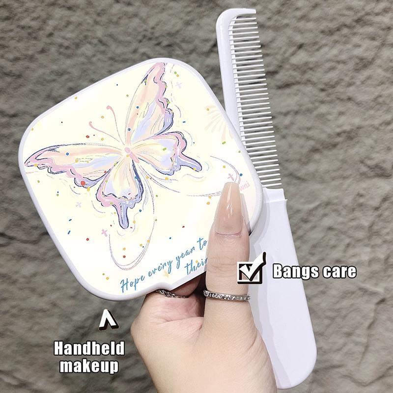 Portable Bow Cute Pink Mirror Comb Handheld Mirror Comb Extracted Integrated Hair Brush Massage Styling Tool Make Up Mirror