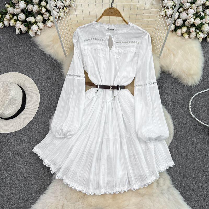 

Lace Long Sleeves White Stylish Niche Style Girl s Dress White L