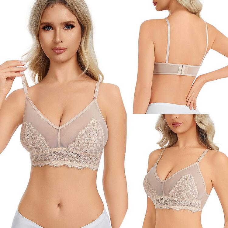 Women French Lace Bra, Wireless Thin Cup Sexy Sheer Lingerie, European American Style Comfortable No Underwire Bra