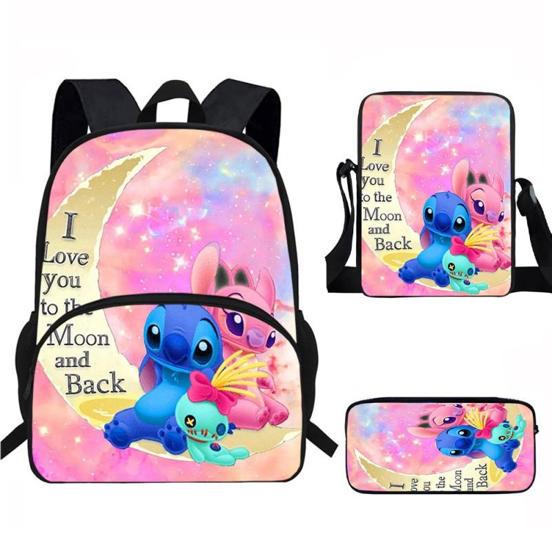 Stitch Kids School Backpack Set Elementary Students Oxford Fabric Ergonomic Design Printed Cartoon 3-Piece Bundle