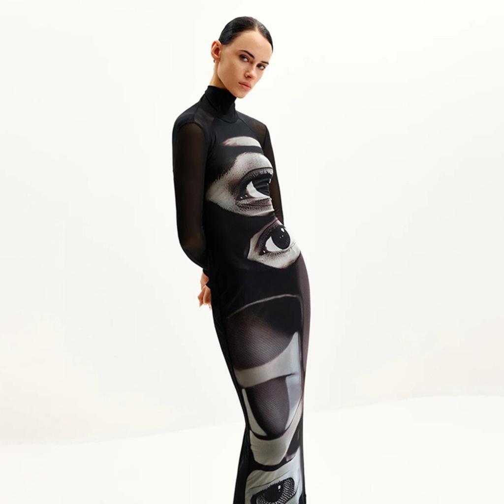 LYRIA Fashion Women's Maxi Dresses Printed Turtleneck Regular Long Sleeves Sheath Slim Fit Eyes Causal Streetwear Vestidos