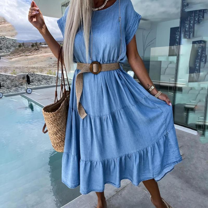 Dámské jarní plisované jednobarevné šaty s kulatým výstřihem, krátkým motýlkovým rukávem, ke kolenům, s vysokým pasem