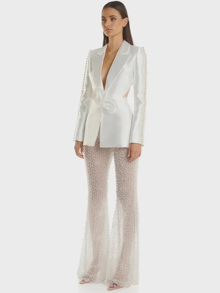2024 Spring/Summer 3D Floral Beaded Mesh Pantsuit with Sequins and Pearls