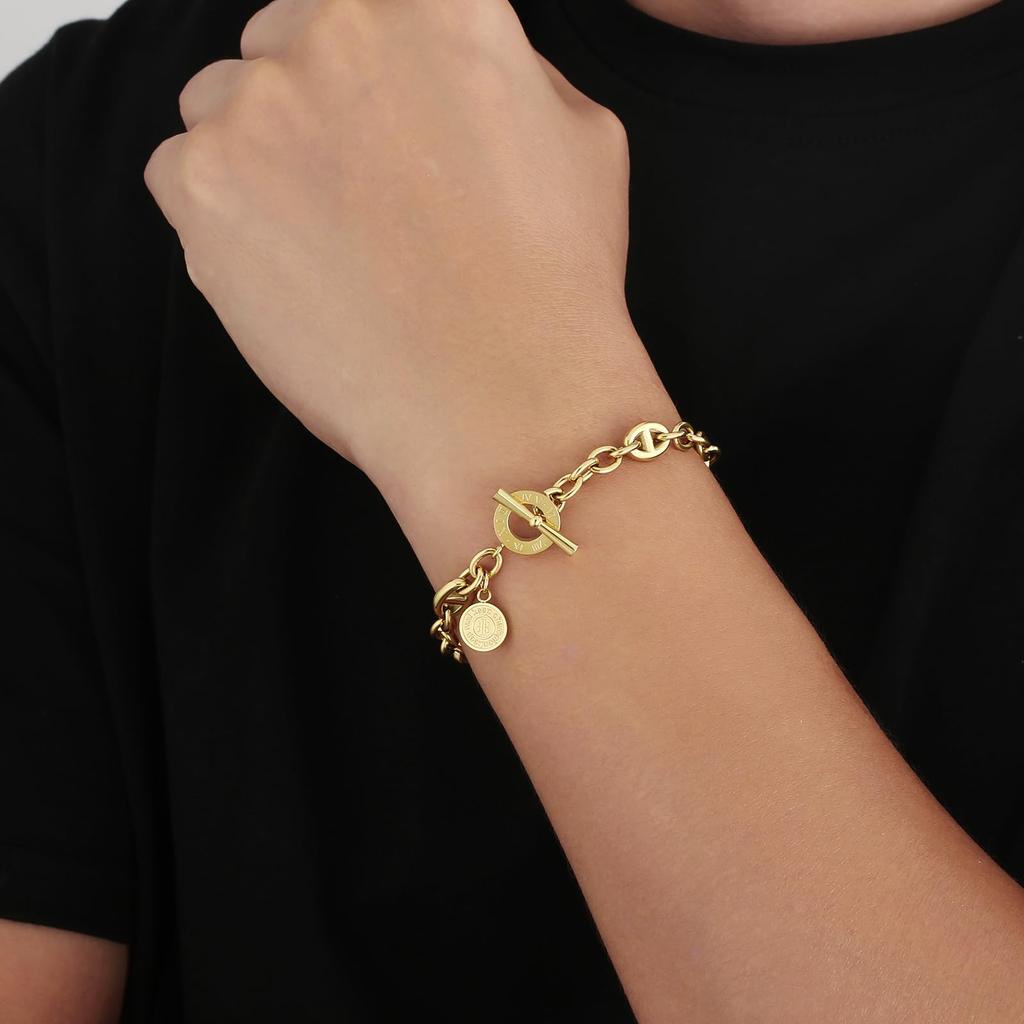 KRKC&CO Bracelet for Women, Anchor Chain/Toggle Clasp Bracelet, 8mm, Surgical Stainless Steel, 14K Gold Plated, Hypoallergenic, Unisex, Popular Access