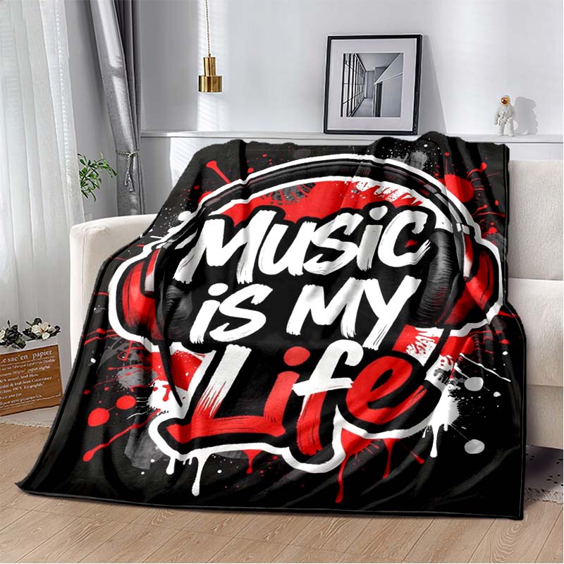 Vintage "I Love Music" Print Flannel Blanket, Retro Headphone & Heart Throw Blanket