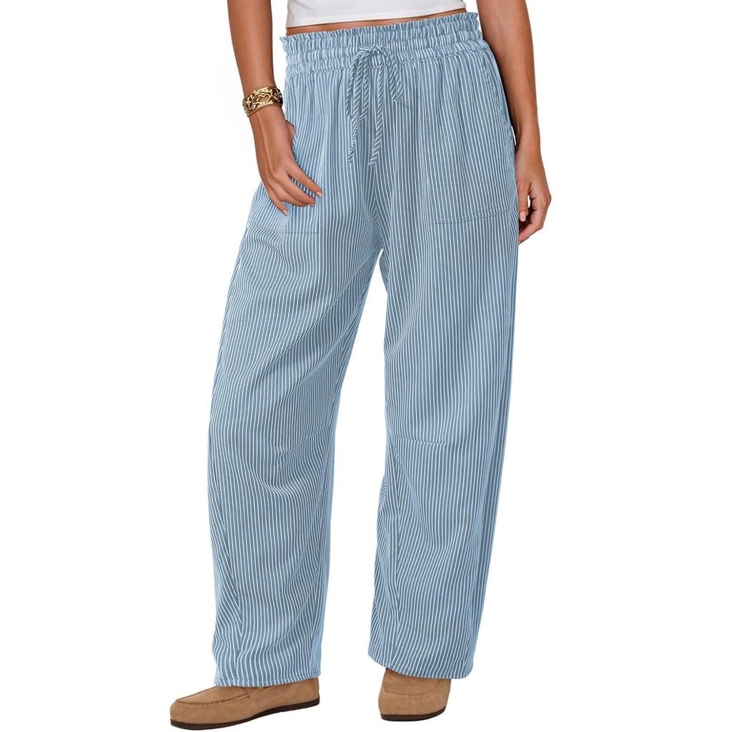 Women Elastic High Waist Pant Casual Fit Wide Leg Long Pants Trousers With Pockets