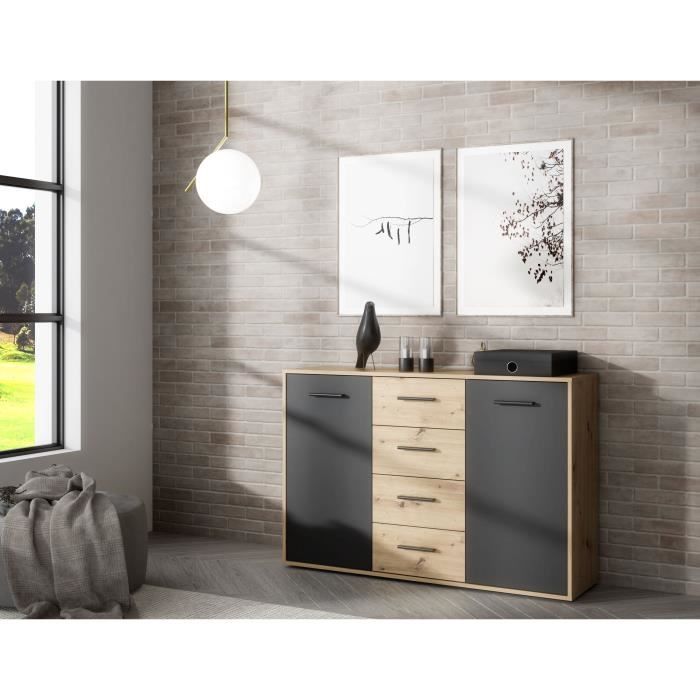 PILVI Sideboard - Contemporary Style - Melamine Particles - Oak and Black Decor - 2 Doors + 4 Drawers - L 122.6 X D 34.2 X H 81.7 Cm