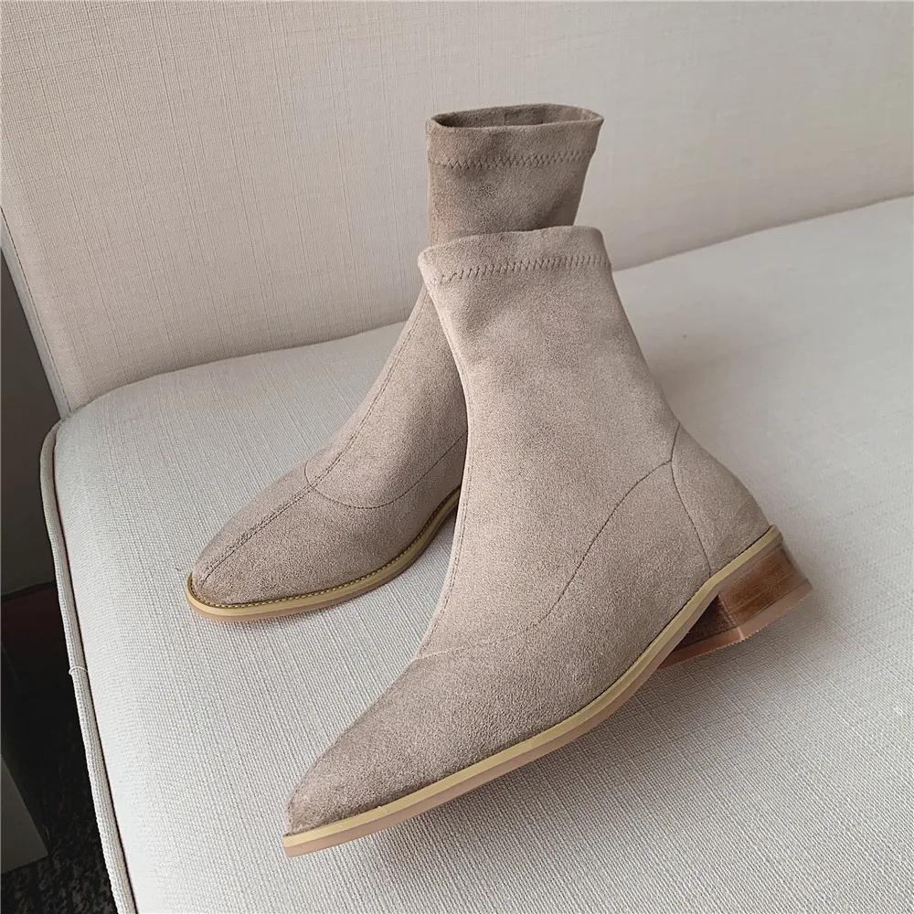 High Quality Ladies Sheep Suede Ankle Boots Chunky Low Heel Round toe Boots Fashion Women Slip-on Winter Boots Shoes 34-43