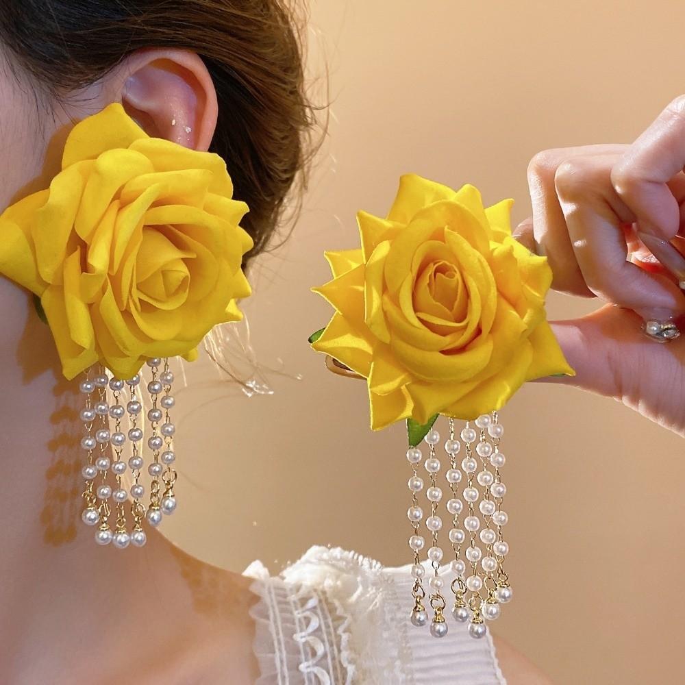 1 Pair with Beads Tassel Yellow Rose Earrings Temperament Chinese Rose Earrings Birthday