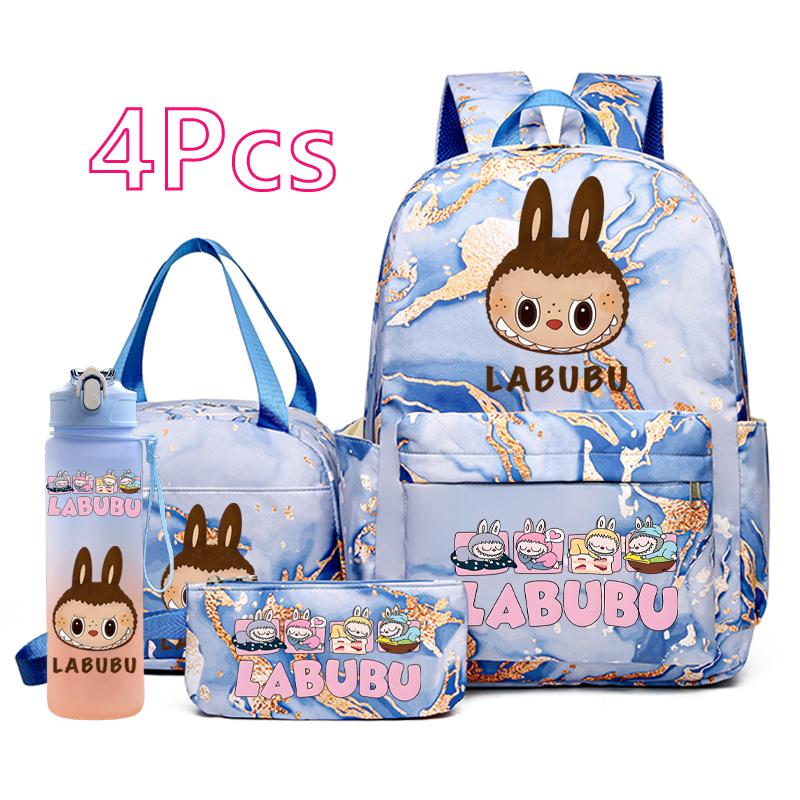 4Pcs/set Cute Anime Pirnted Backpack 750Ml Water Bottle Lunch Bag Pencil Bag Outdoor Student Girl Large Capacity Schoolbag Water Cup