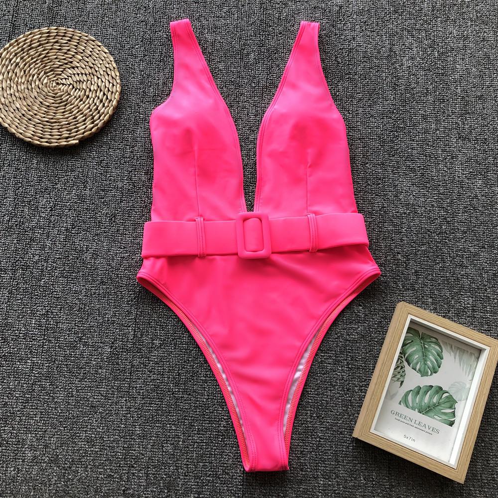 Damen Badeanzug One Piece Tiefer V-Ausschnitt Hoher Bund Monokini Badesachen mit Gürtelschnalle