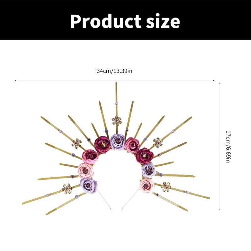 Elegant Rose Flower Hair Hoop Adjustable Size Sunbursts Headband with Rhinestones Comfortable Hairband Party Ornament