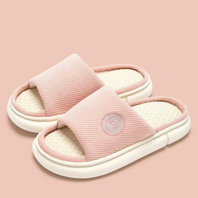 Fashion Couples Home Linen Slippers Women Men Indoor Bedroom Soft Slides Comfortable House Thick Sole Shoes Non-slip Breathable Flats