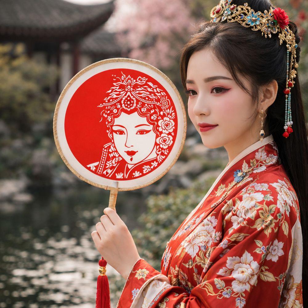 Vintage Chinese Paper-cut Fan Long Handled Group Fan Decorative Fan Round Hand Fan  Dance Props