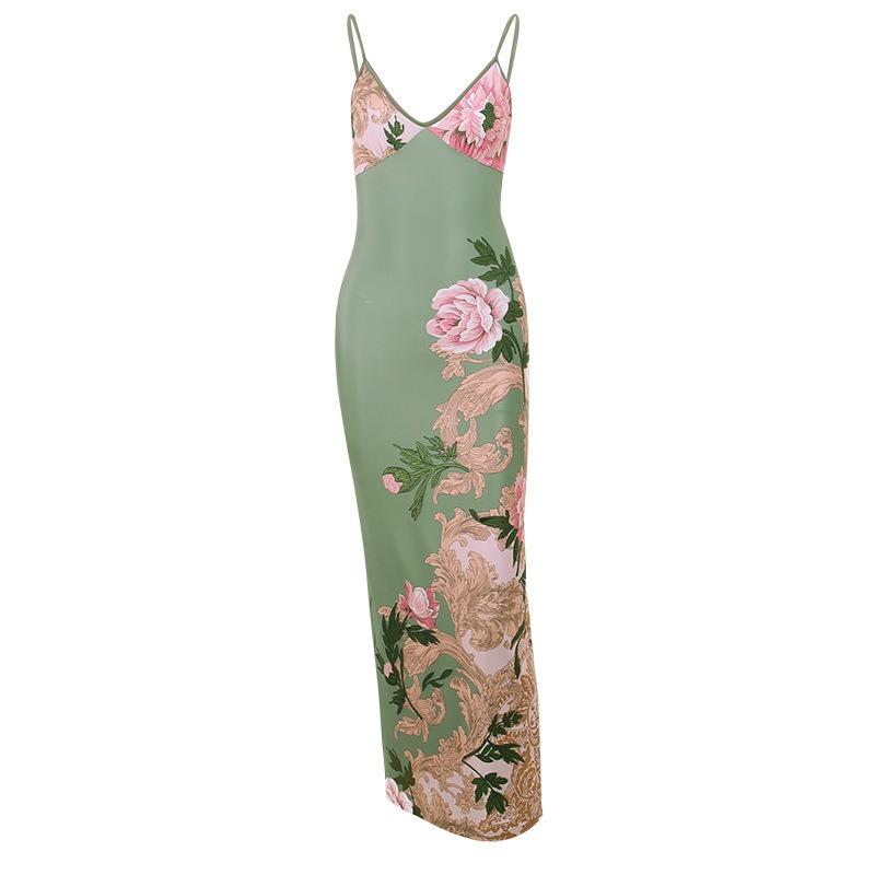 New Collar Suspender Dress Flower Print Sexy Slim Backless Temperament Spice Girl Dress