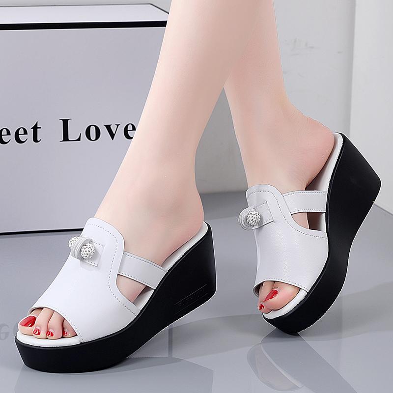 Women White Slide Slippers Summer Open Toe Chunky Wedge Shoes Lady Black Casual Thick Sole Platform Slippers