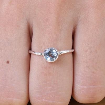 Round Cut Blue Topaz Gemstone Ring, Handmade Jewelry, 925 Sterling Silver, Stacking Ring, Gift For Mom