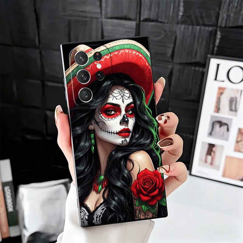 Catrina Beautiful Rose Girl Skull Soft Phone Case for Samsung Galaxy S26 S25 Edge S24 Ultra S23 Plus S22 S21 FE S20 Black Cover