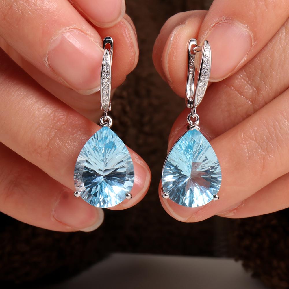 Elegant Dangle Clasp Silver Earring for Women & Girls Natural Huge Pears Shape Sky Blue Topaz Fine Jewelry Parties Birthday Gift