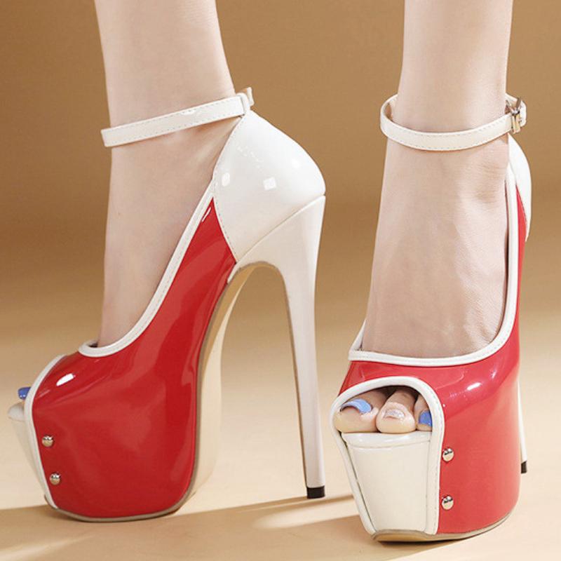 Fashion Patchwork Buckle Slide Sandals Women 16 Cm Super High Heel Large Size Women Sandals Comfortable Patent Leather Party Dress Shoes